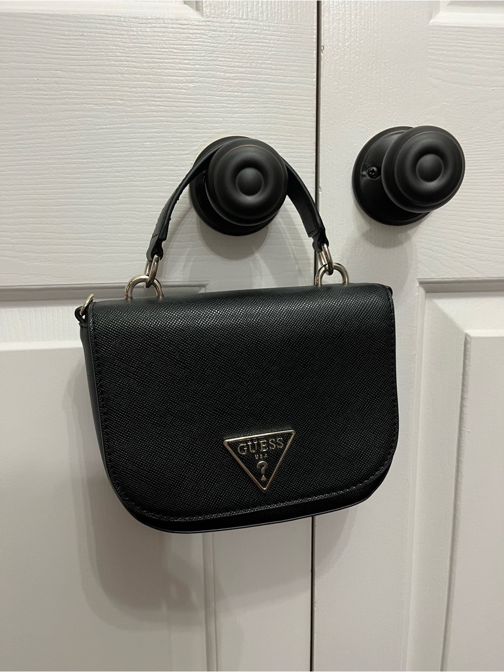 Guess Black Satchel with Gold Triangle Emblem